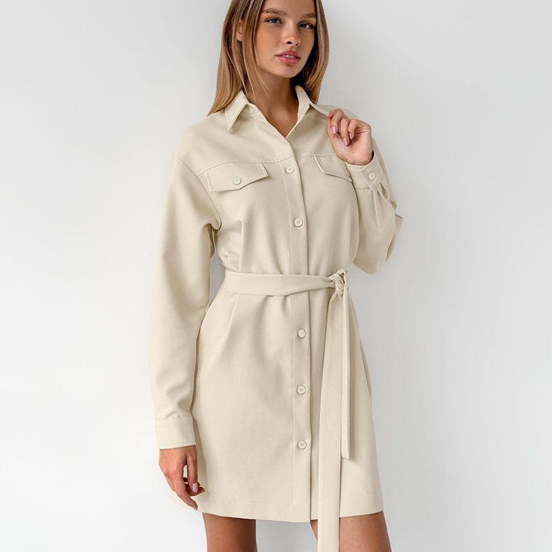 Office Khaki Belted Drop Shoulder Dress Women