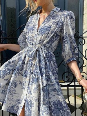 Women’s Bubble Sleeve Ink Print Shirt Dress