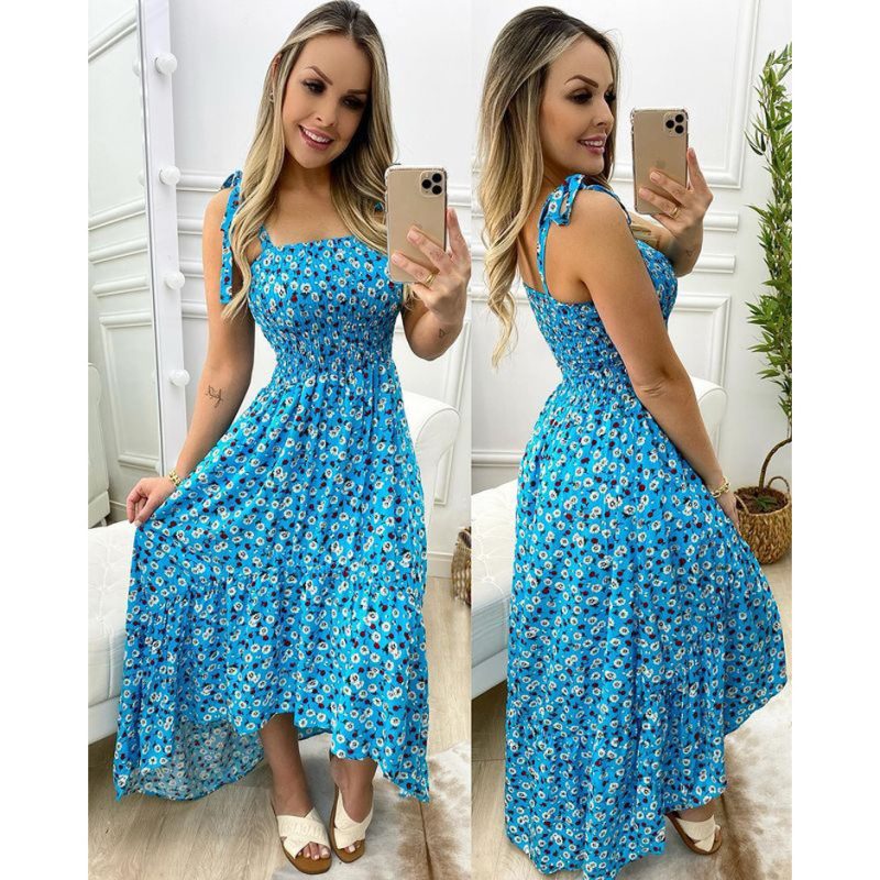 Pleated Floral Lace Up Swing Strap Dress