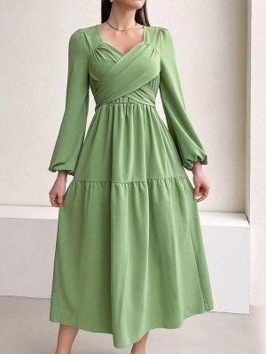 Elegant V-Neck Green Midi Autumn Dress