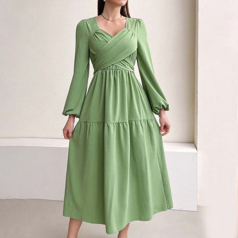 Elegant V-Neck Green Midi Autumn Dress
