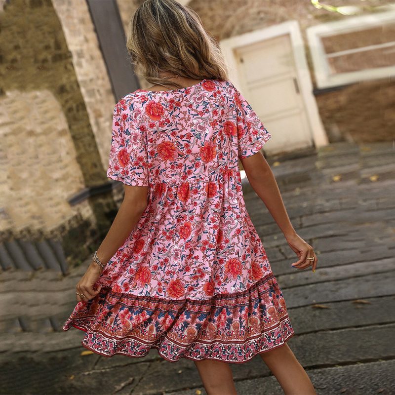 Printed V Neck Loose Woven Holiday Dress - Image 2