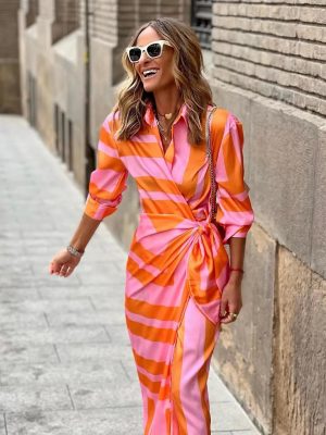 Striped Print Mid-Length Collared Lacing Dress