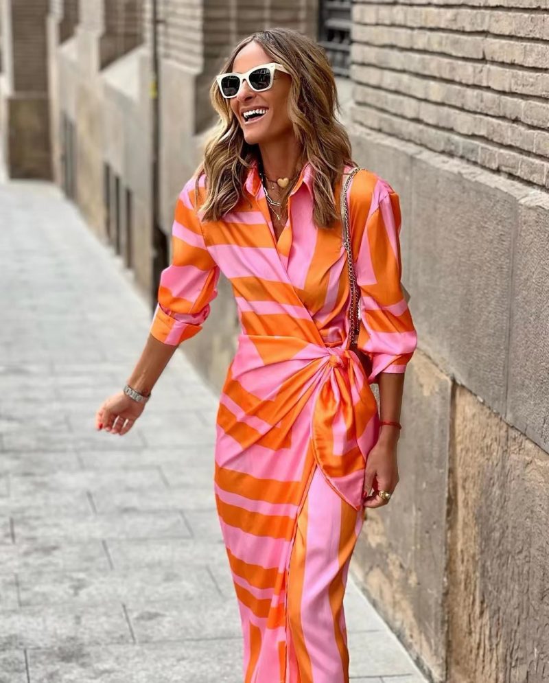 Striped Print Mid-Length Collared Lacing Dress