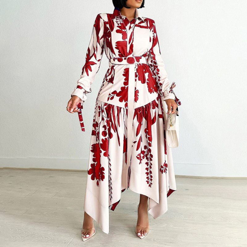 Pattern Print Asymmetric Long Sleeve Dress Women - Image 2