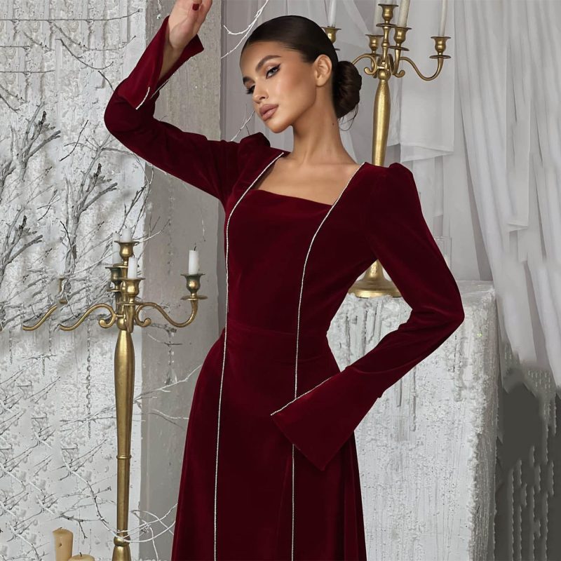 Velvet Bell Sleeve French A-Line Party Dress - Image 3