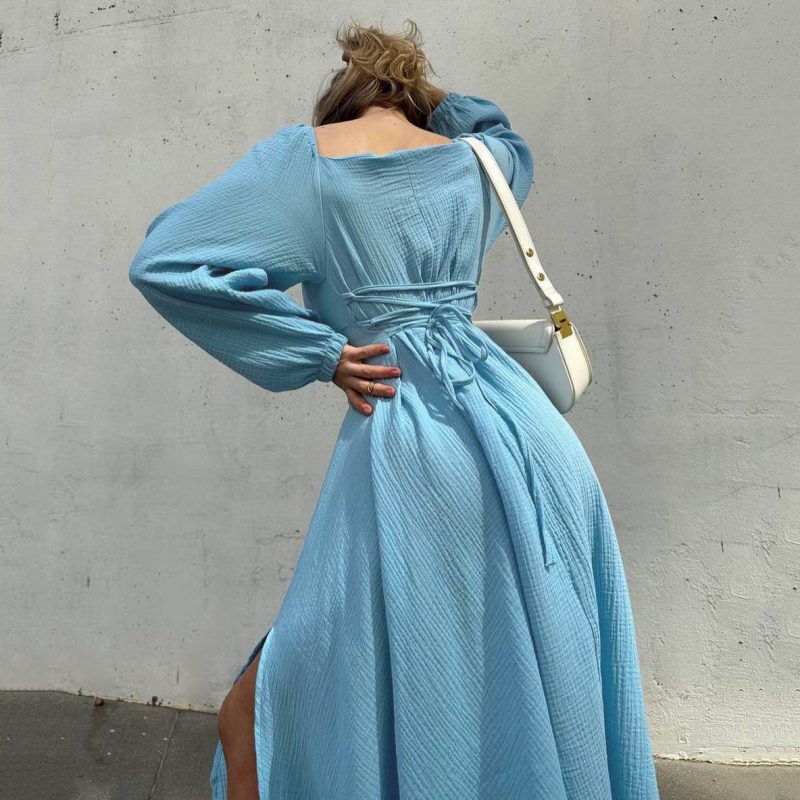 French Cotton Slit Midi Dress with Square Neck - Image 2