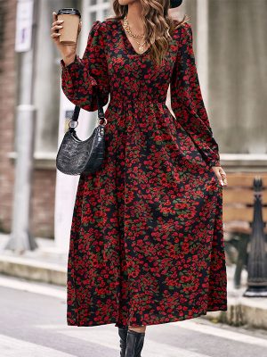 Cozy Printed Maxi Dress for Autumn Women