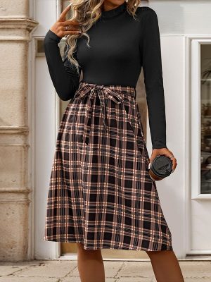 Retro Plaid Colorblock Faux Two-Piece Dress