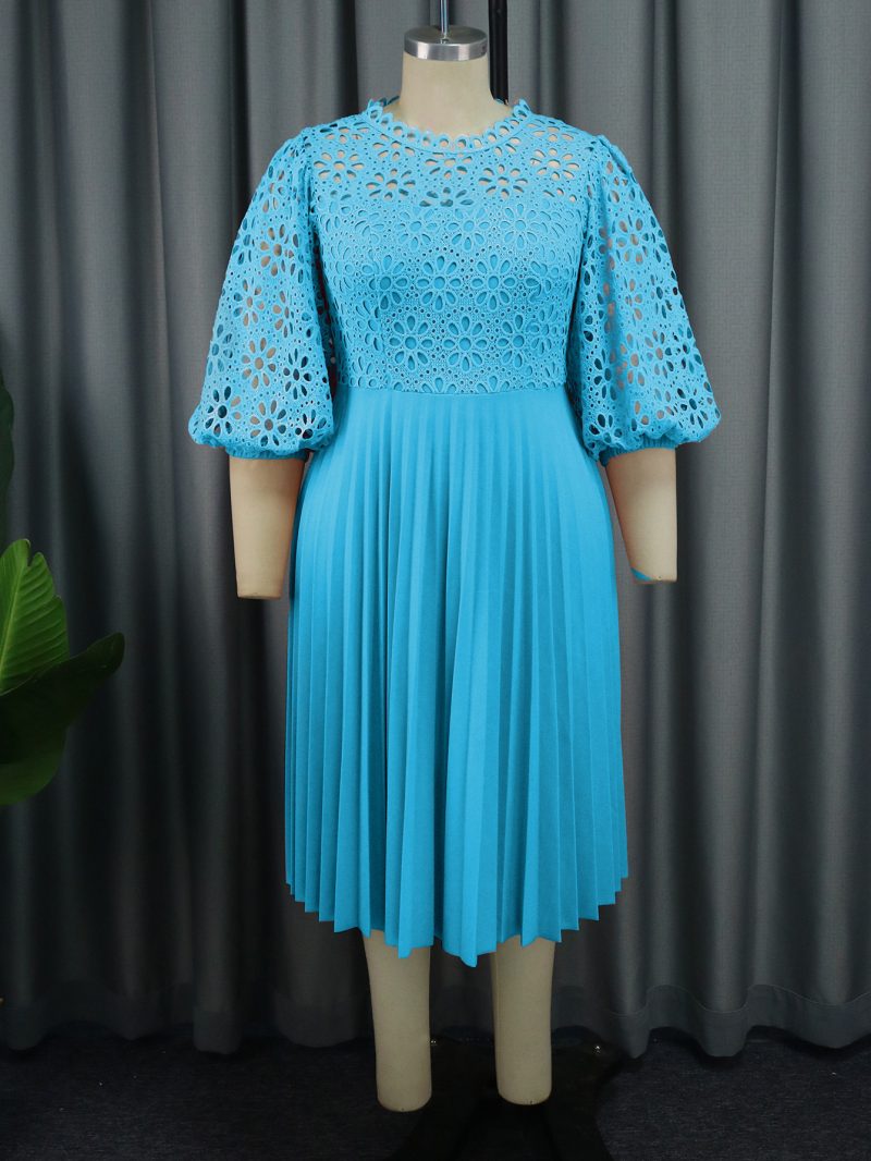 Elegant Lace Pleated Office Dress with Lantern Sleeves - Image 2