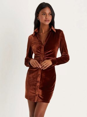 Elegant Velvet Waist Pleated Shirt Dress Women