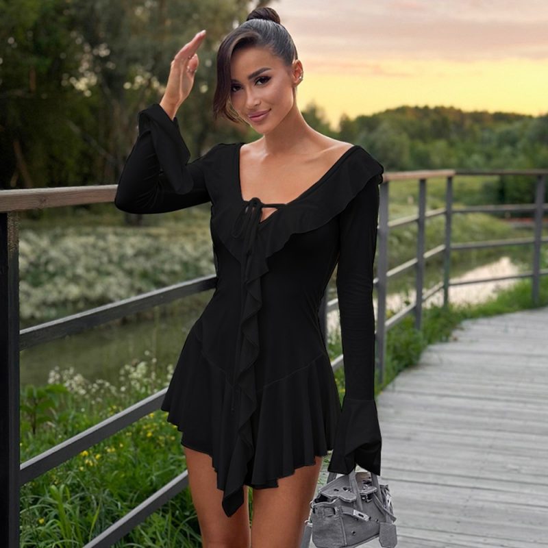 Ruffled Bell Sleeve Rope Tie Collar Dress - Image 4