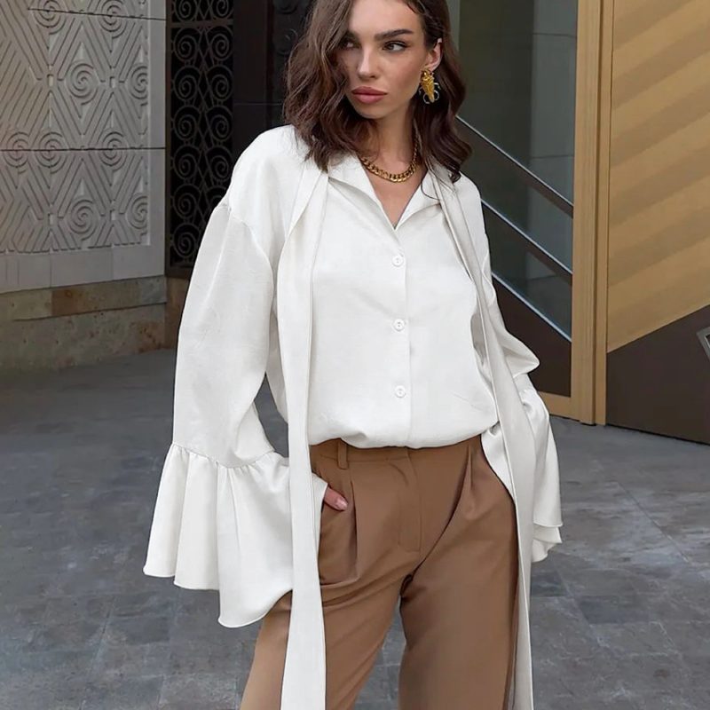 Beige Ruffled Matte Satin Autumn Shirt Women - Image 2