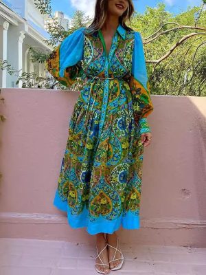 Large Swing Collared Printed Cardigan Dress Women