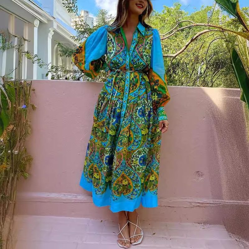 Large Swing Collared Printed Cardigan Dress Women
