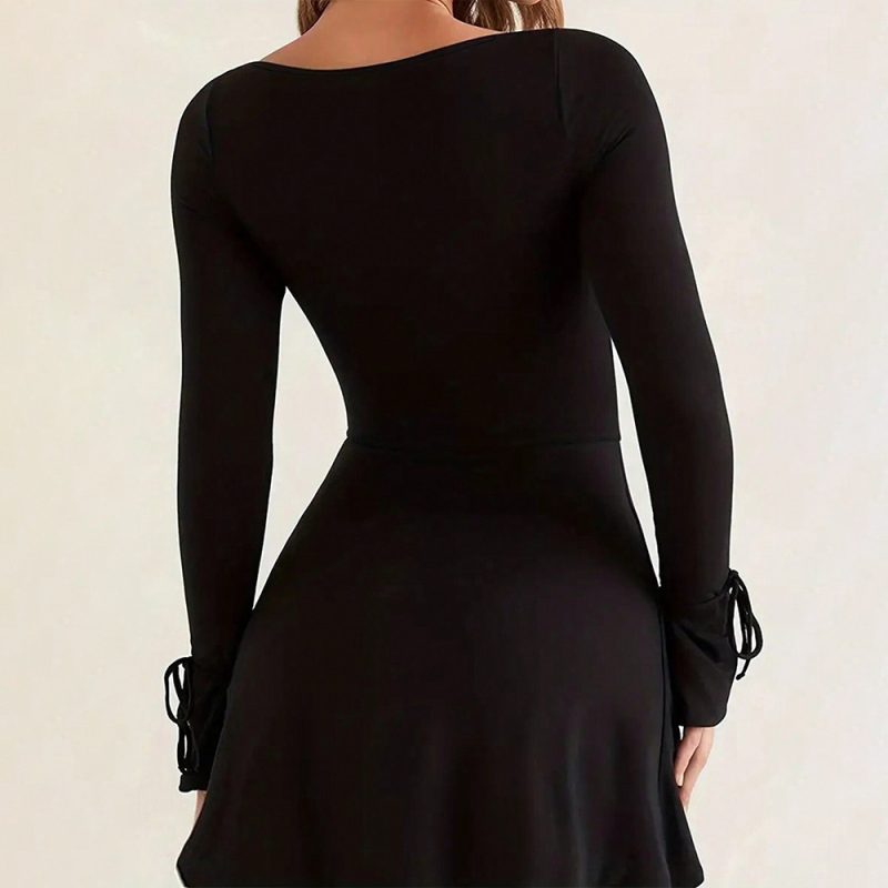 Autumn Red Square Collar Split A-Line Dress - Image 3