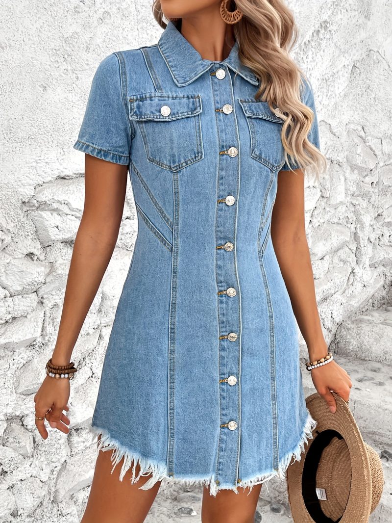 Cinched Waist Non Stretch Denim Dress Women - Image 3
