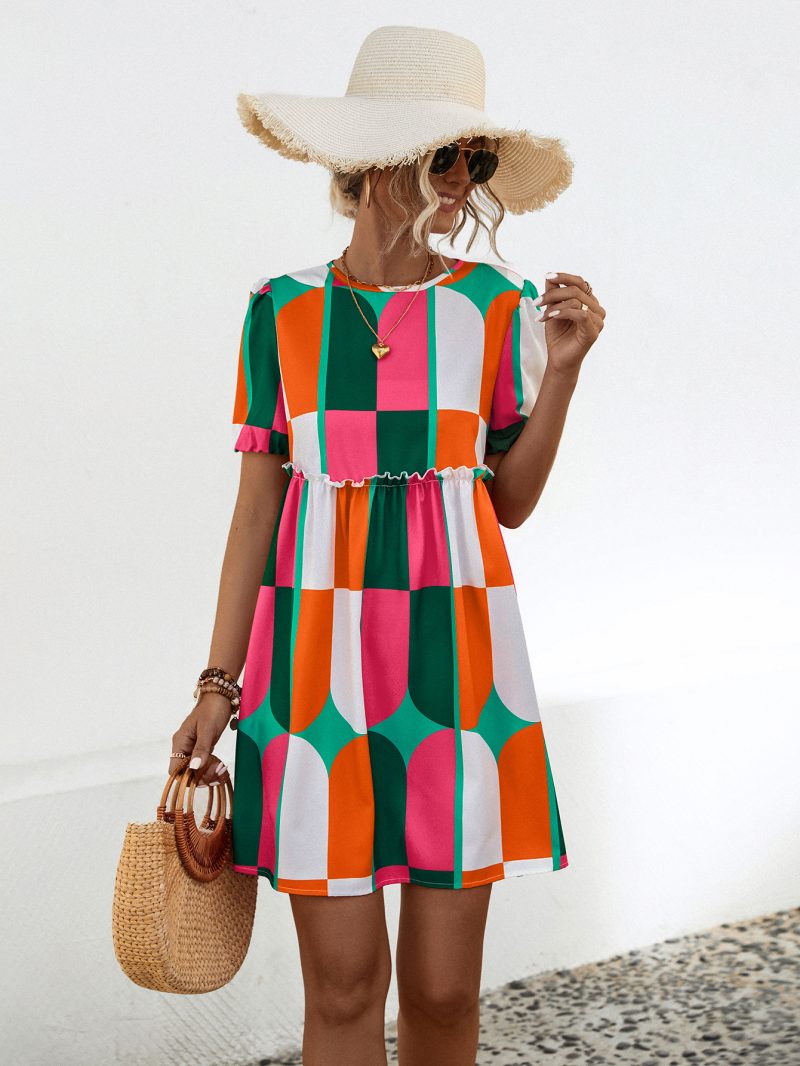 Round Neck Puff Sleeve Printed Summer Dress - Image 4