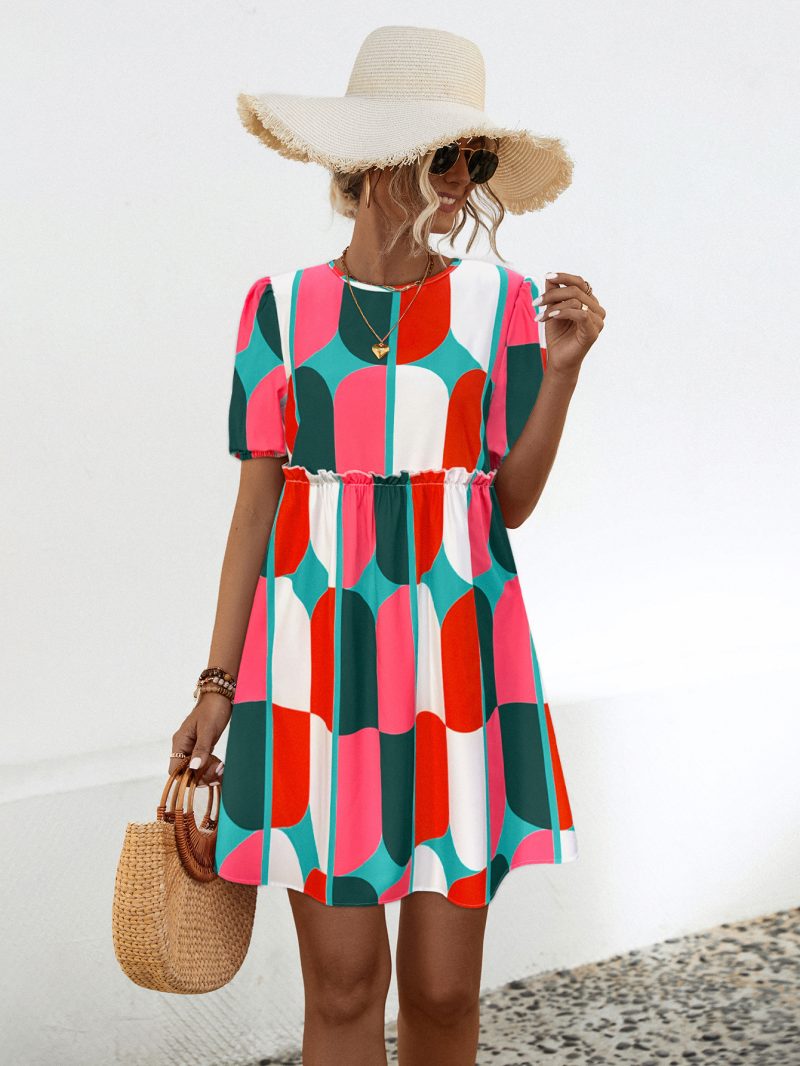 Round Neck Puff Sleeve Printed Summer Dress - Image 2