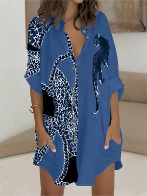 Summer Half Sleeve Printed Shirt Dress Women