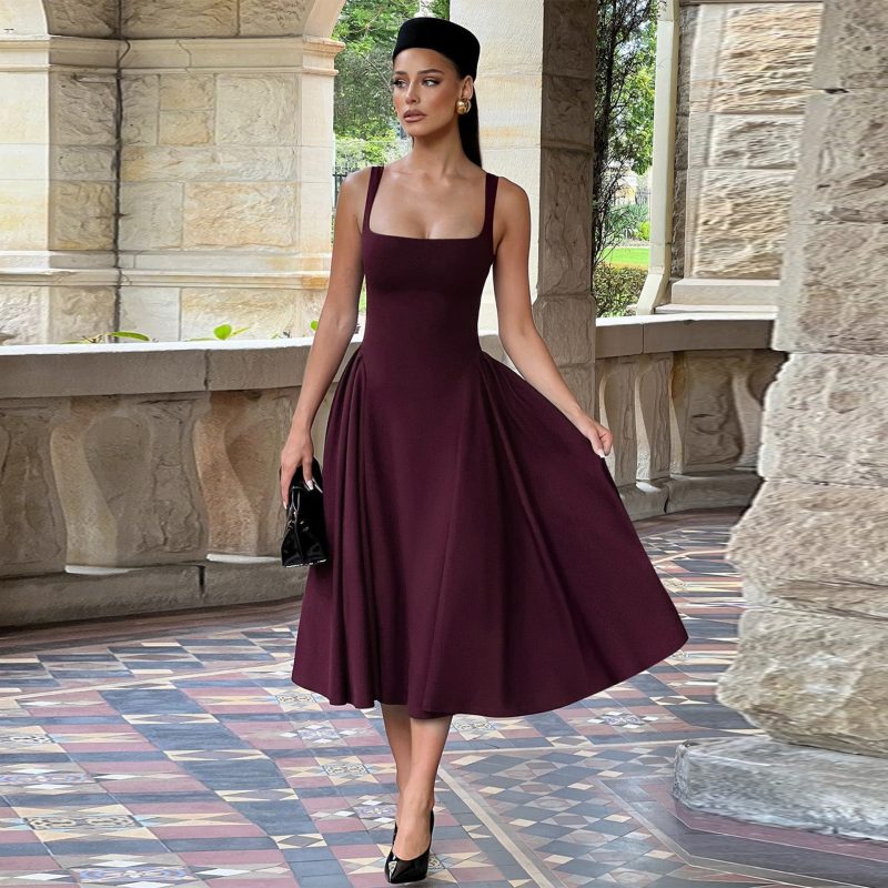 Retro Oversized Spring Dress with Square Neck