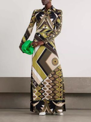 Collared Long Sleeve Printed Split Dress Women
