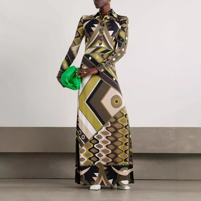 Collared Long Sleeve Printed Split Dress Women