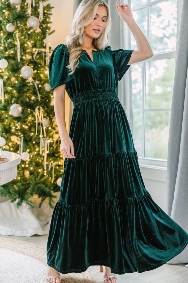 Velvet Christmas Pocket Dress with Flared Hem