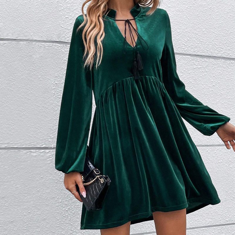 Autumn Winter Velvet Puff Sleeve Maxi Dress