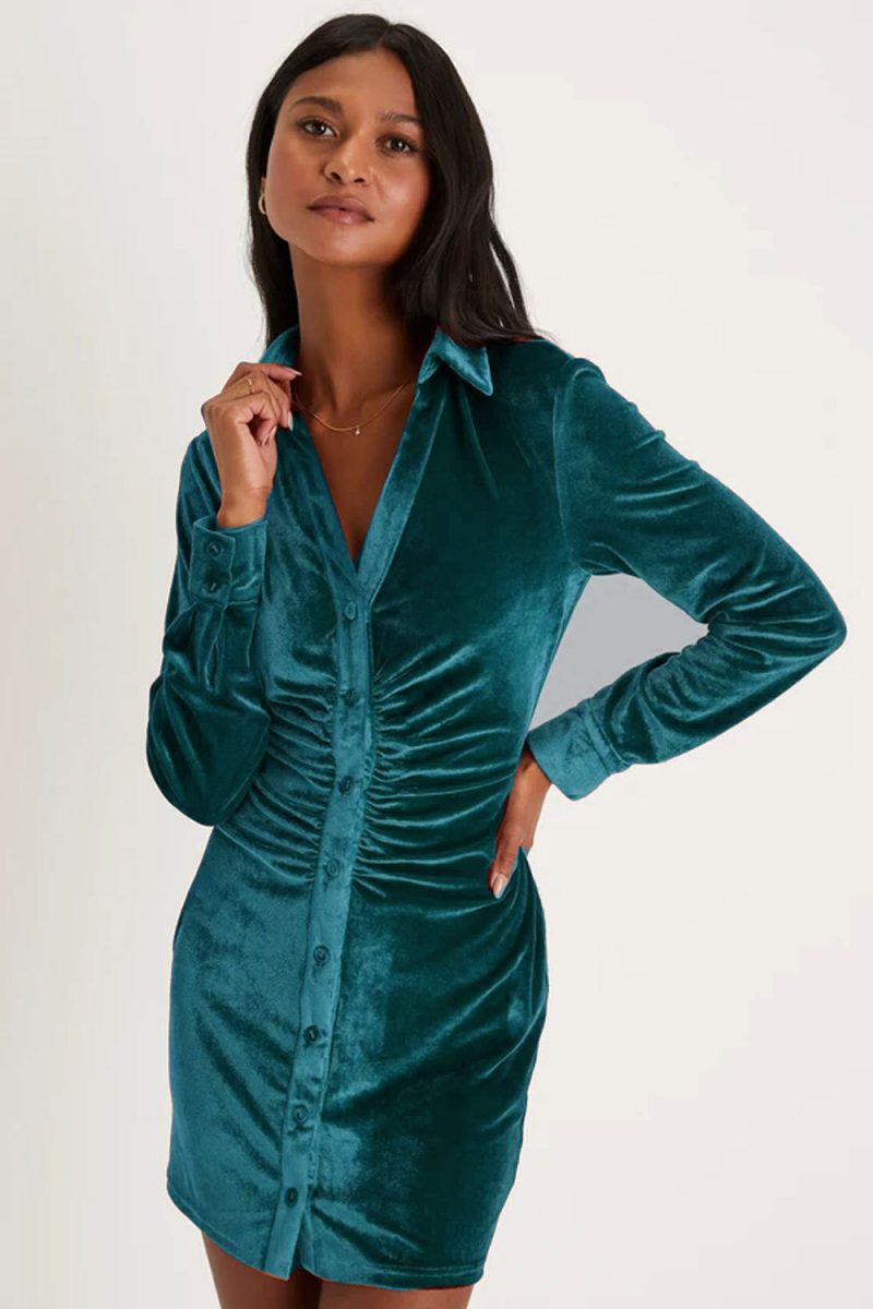 Elegant Velvet Waist Pleated Shirt Dress Women - Image 4