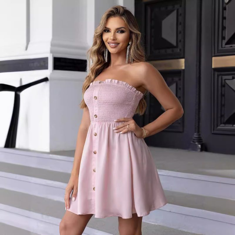 Summer Solid Color Pocket Button Sling Dress