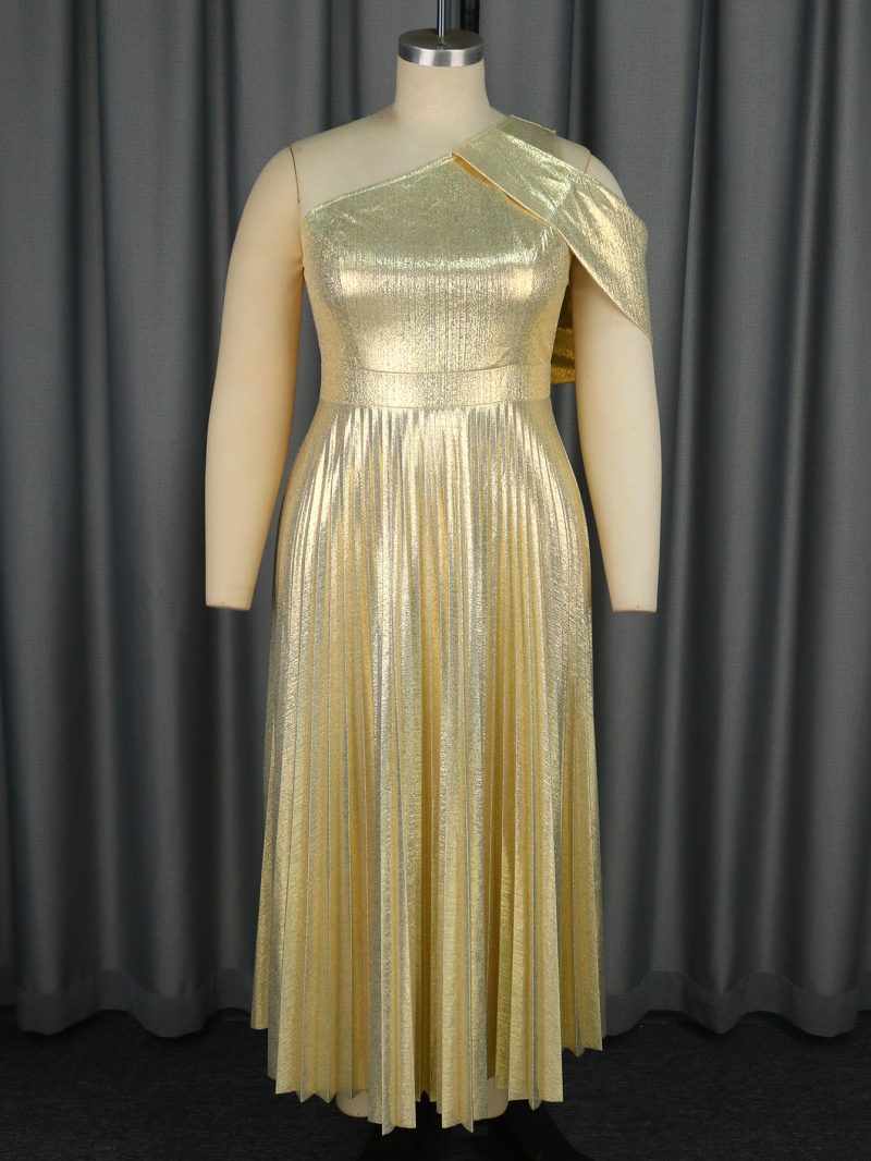 Elegant One Shoulder Golden Pleated Cocktail Dress - Image 2
