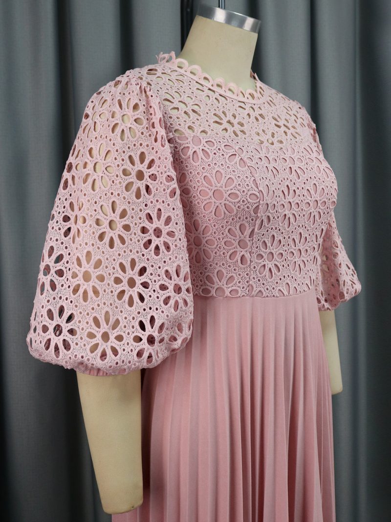 Elegant Lace Pleated Office Dress with Lantern Sleeves - Image 4