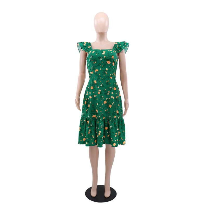 French Floral Print Midi Strap Dress Women - Image 2