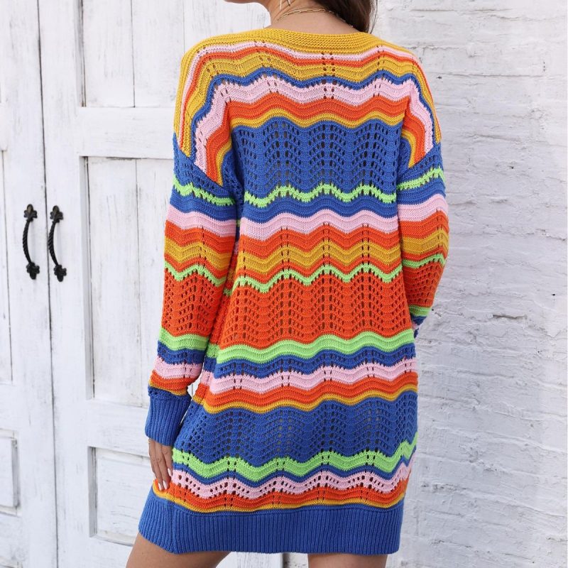 Rainbow Stripe Patchwork Woolen Pullover Dress - Image 3