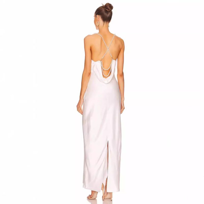Elegant French Satin Backless Party Dress with Beads - Image 4