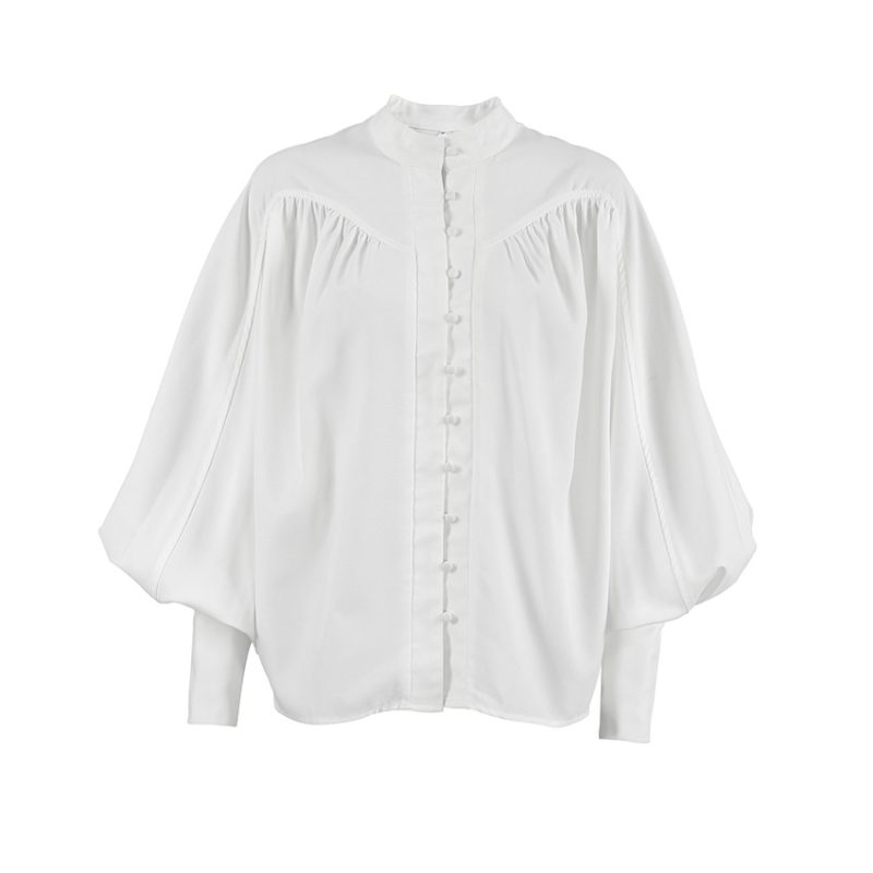 White Puff Sleeve Pleated Office Shirt Women - Image 4