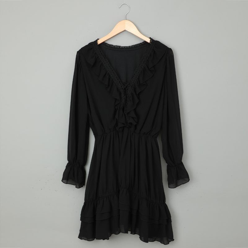 Feminine Cinched Waist Lace Trim Spring Party Dress Long Sleeve - Image 4