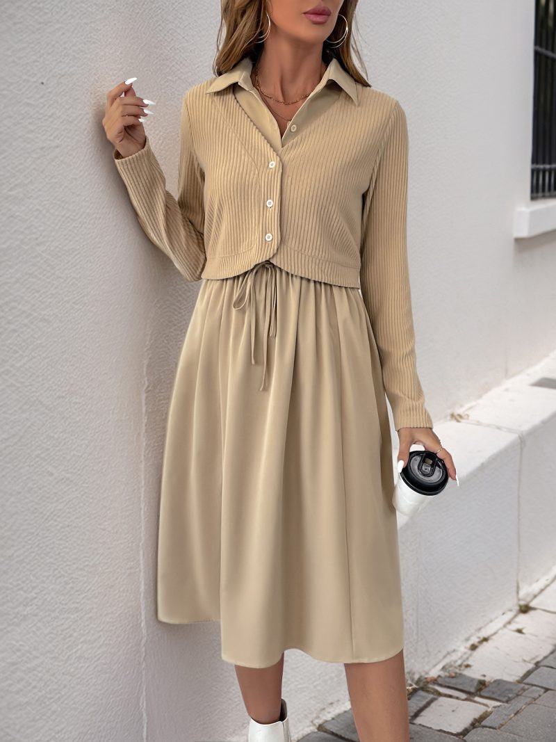 Solid Color Collared Faux Two-Piece Shirt Dress - Image 2
