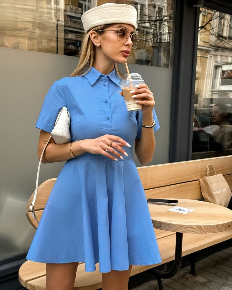 Blue Collared Slim Fit Office Summer Dress - Image 2