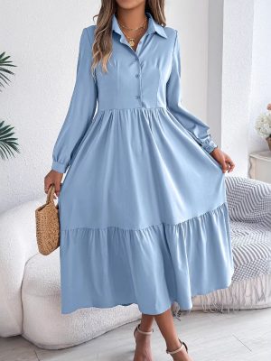 Collared Long Sleeve Ruffled Dress for Women