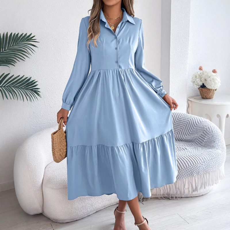 Collared Long Sleeve Ruffled Dress for Women
