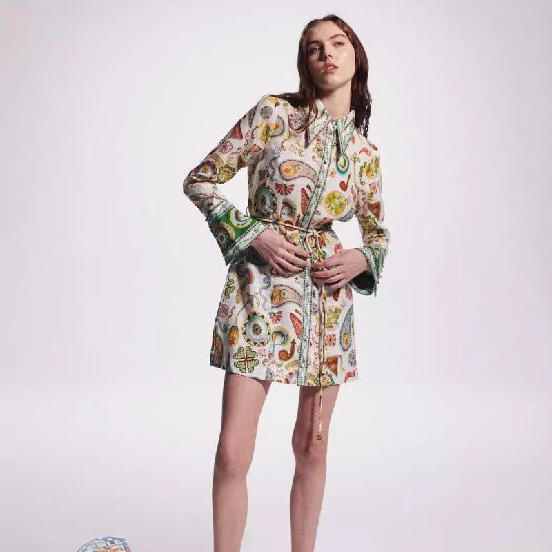 Women's Elegant Printed Long Sleeve Linen Dress