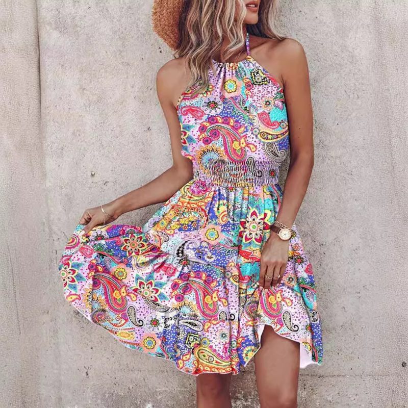 Printed Halter Backless Sleeveless Waist-Tight Dress - Image 2