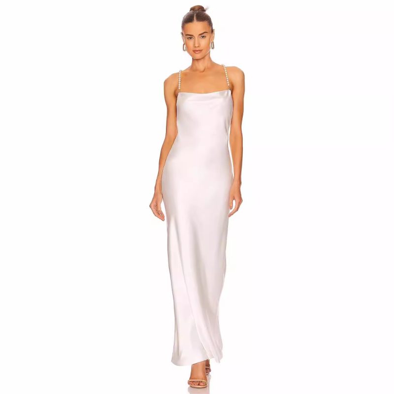 Elegant French Satin Backless Party Dress with Beads