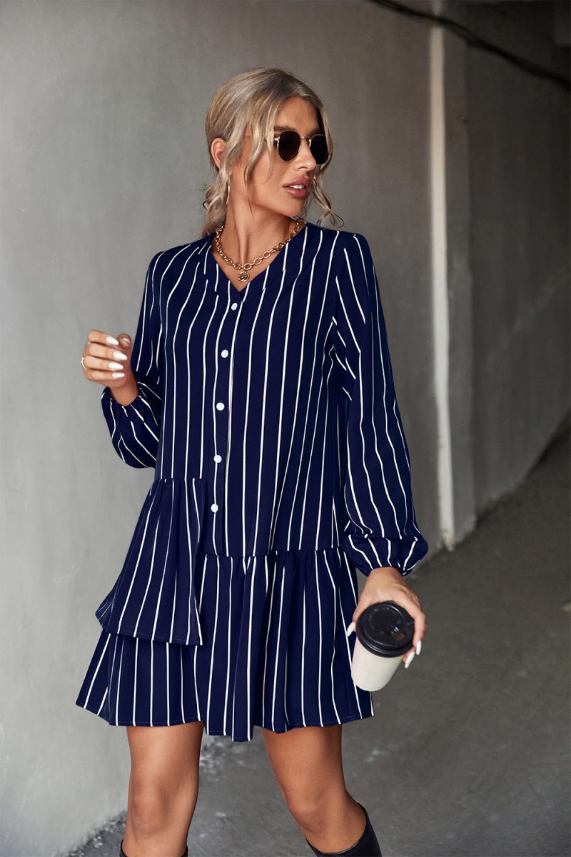 Classic Striped Asymmetric Loose Winter Dress - Image 4