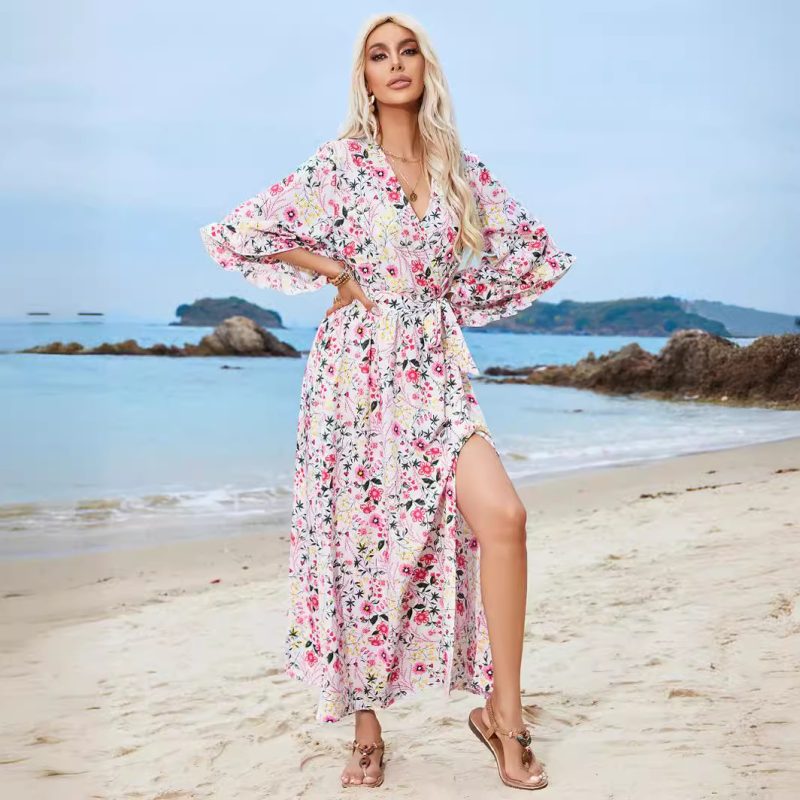 Bohemian Ruffle Sleeve Lace-Up Vacation Dress - Image 3