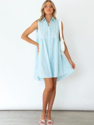 Summer Striped Collared Sleeveless Shirt Dress Women