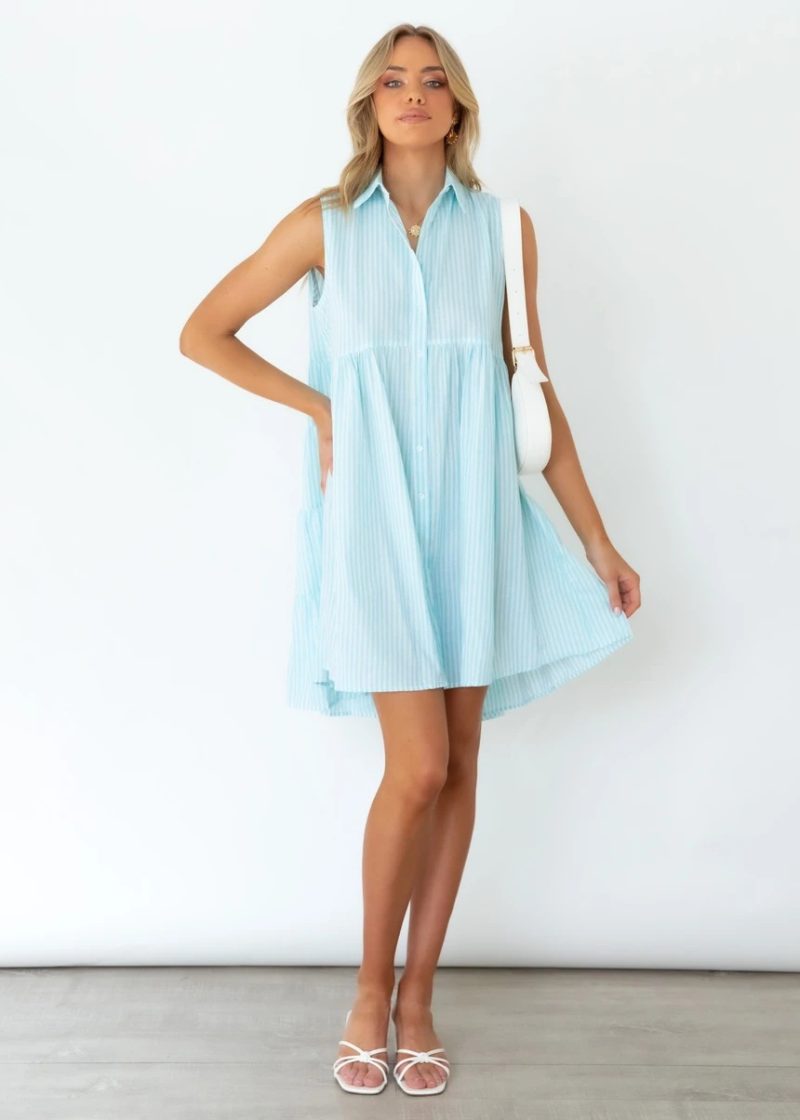 Summer Striped Collared Sleeveless Shirt Dress Women