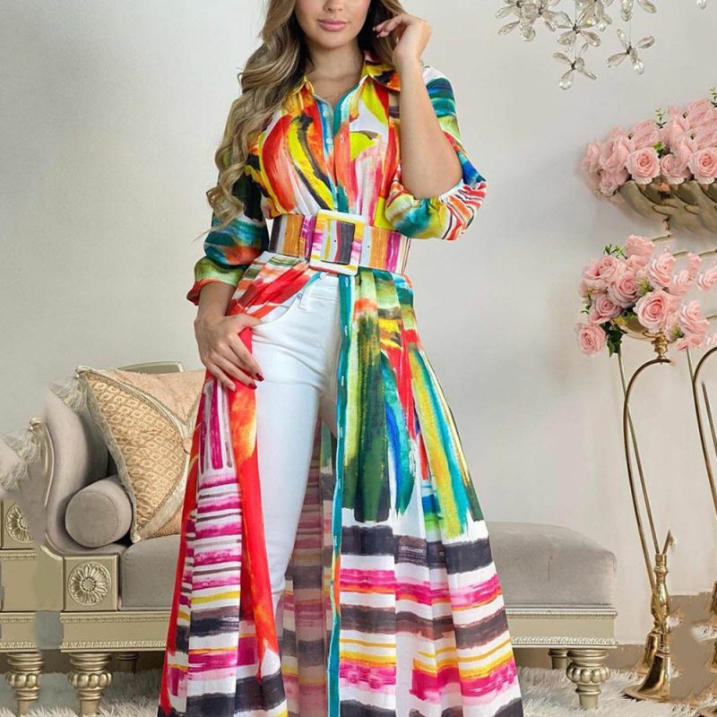 Women’s Casual Printed Long Shirt Cardigan Dress